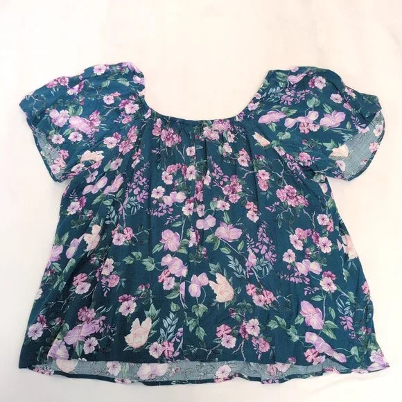 Torrid Teal Floral Peasant‎ Blouse, Plus Size 3X - Picture 3 of 7
